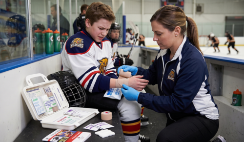 female coach helping young hockey player with medical repairs to wrist